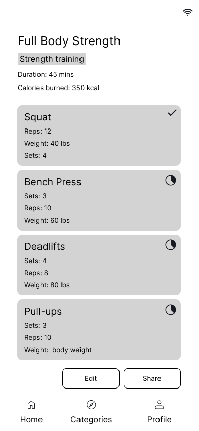 A mobile workout app wireframe